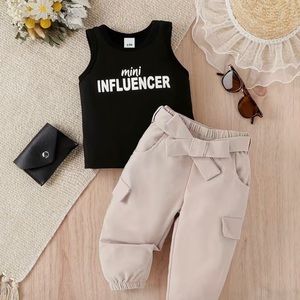 Baby Girls "Influencer" Vest & Long Pants Waist Belt Sleeveless